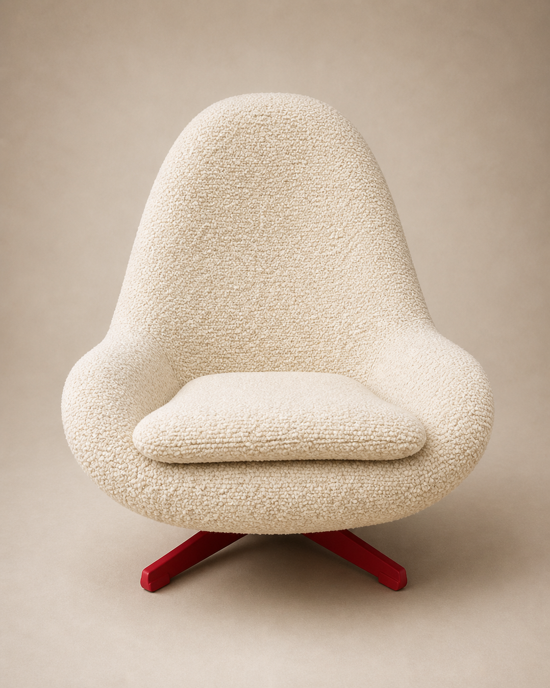 Sculptural high-back swivel chair in cream bouclé on a red lacquered base