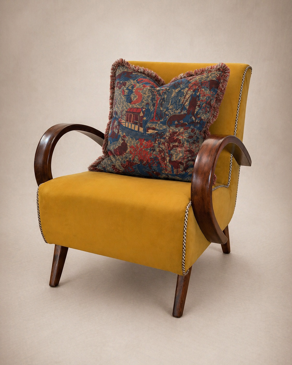 Art Deco bentwood armchair in mustard velvet with chinoiserie cushion